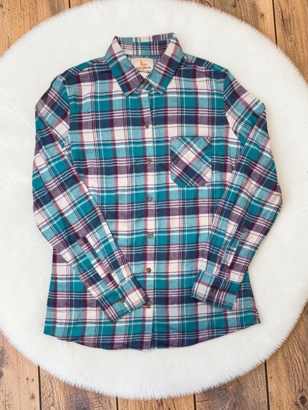 FIELD & STREAM 100% Cotton Purple Green Plaid Flannel Long Sleeve Shirt Top M